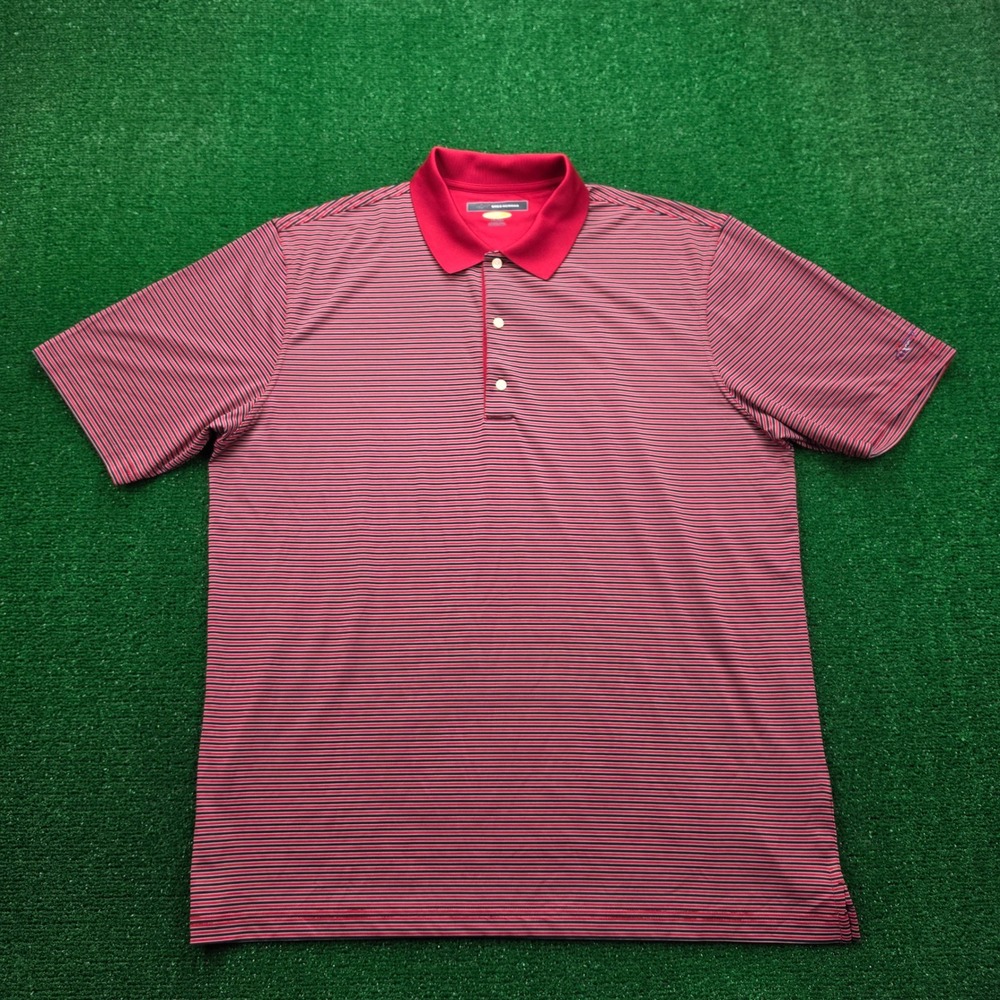 Greg Norman Play Dry Golf Polo Shirt Mens XL Red‎ Striped Performance Shark Logo